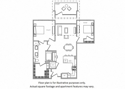 Floor plan for 2 beds, 1 bath, 895 sqft